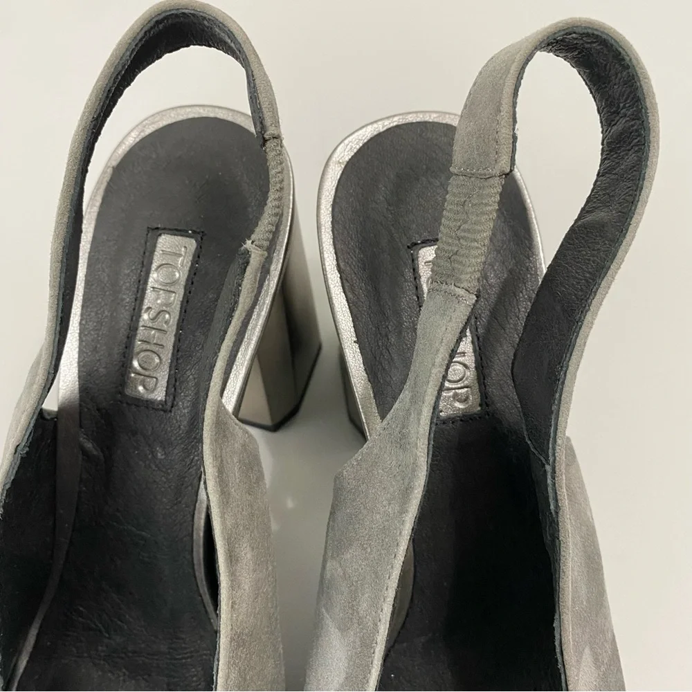 Topshop Roxy Gray Suede Slingback Size 9 Square Toe Metallic Octagon Heel